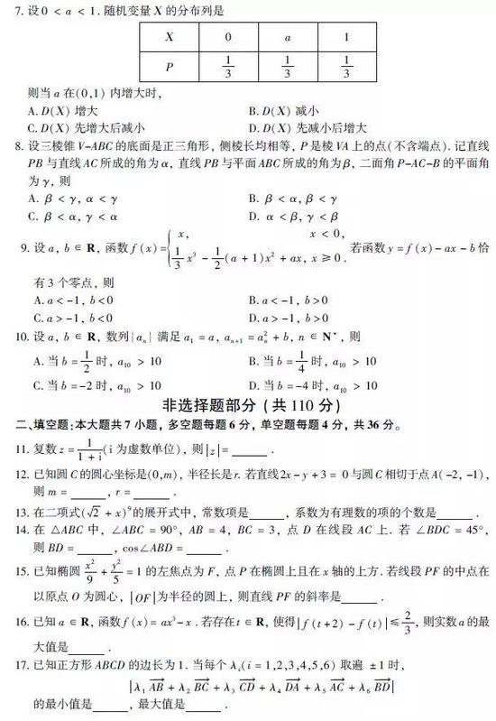 2019年高考数学真题及参考答案（浙江卷）1